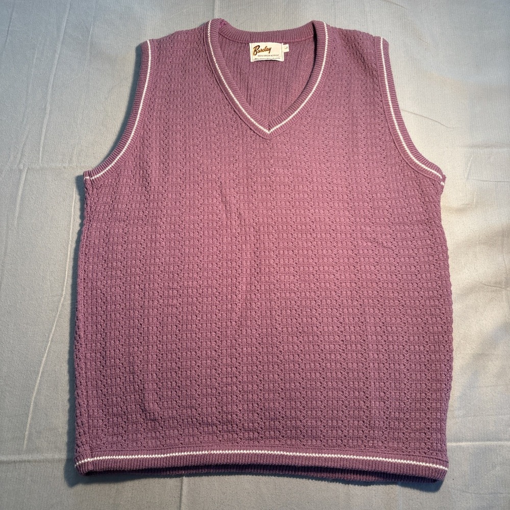 Vintage Barclay Mens Purple Acrylic V-Neck Sweater Vest Textured Pointelle L